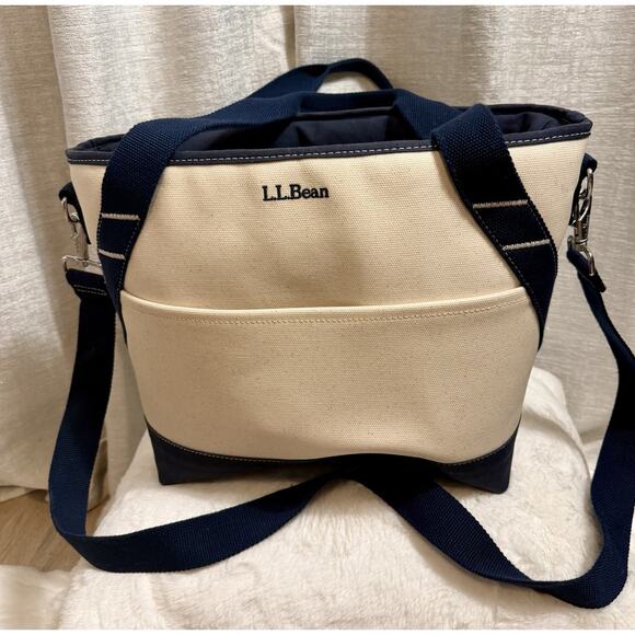 L.L. Bean Canvas Tote Bag Navy & Natural Zip Top Shoulder Bag USA Made - Picture 6 of 8